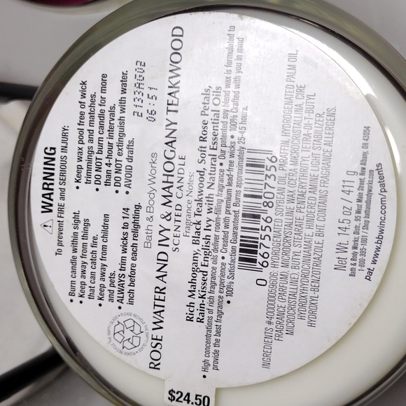 Bath & Body Works Blends Rose Water & Ivy + Mahogany Teakwood 3 Wick Candle NWT - Picture 5 of 6